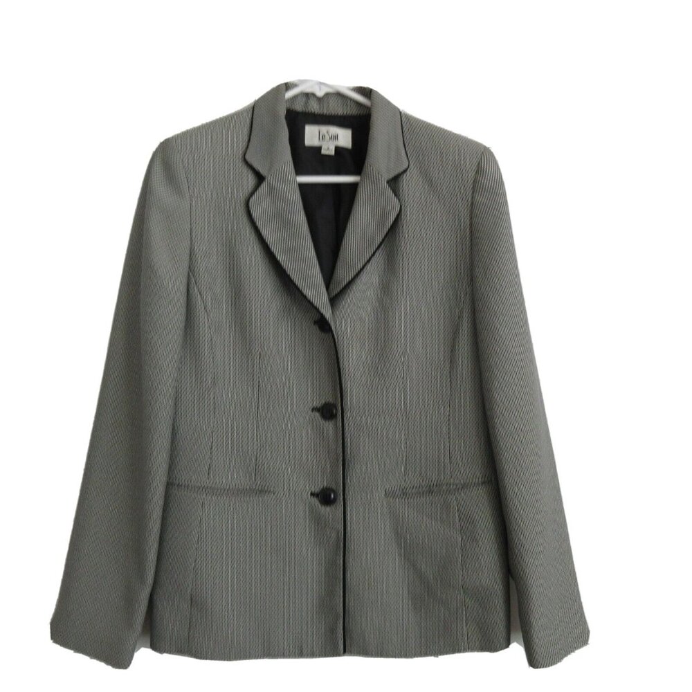 Le Suit Blazer Suit Jacket Size 8 Black White Diamond Print Pipping Career Work